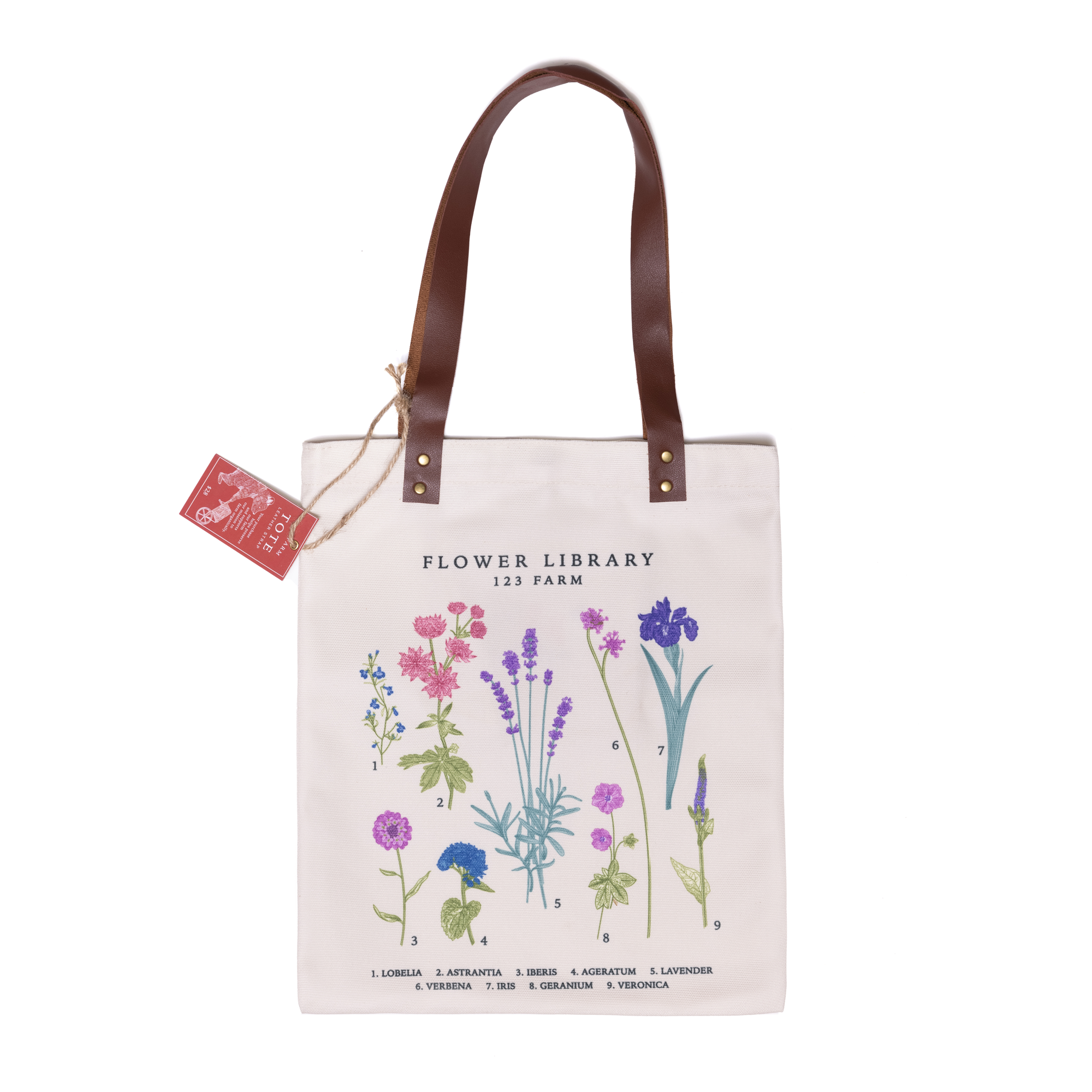 Tote bag with flowers. Flower Library Tote Bag. Leather strap tote bag.