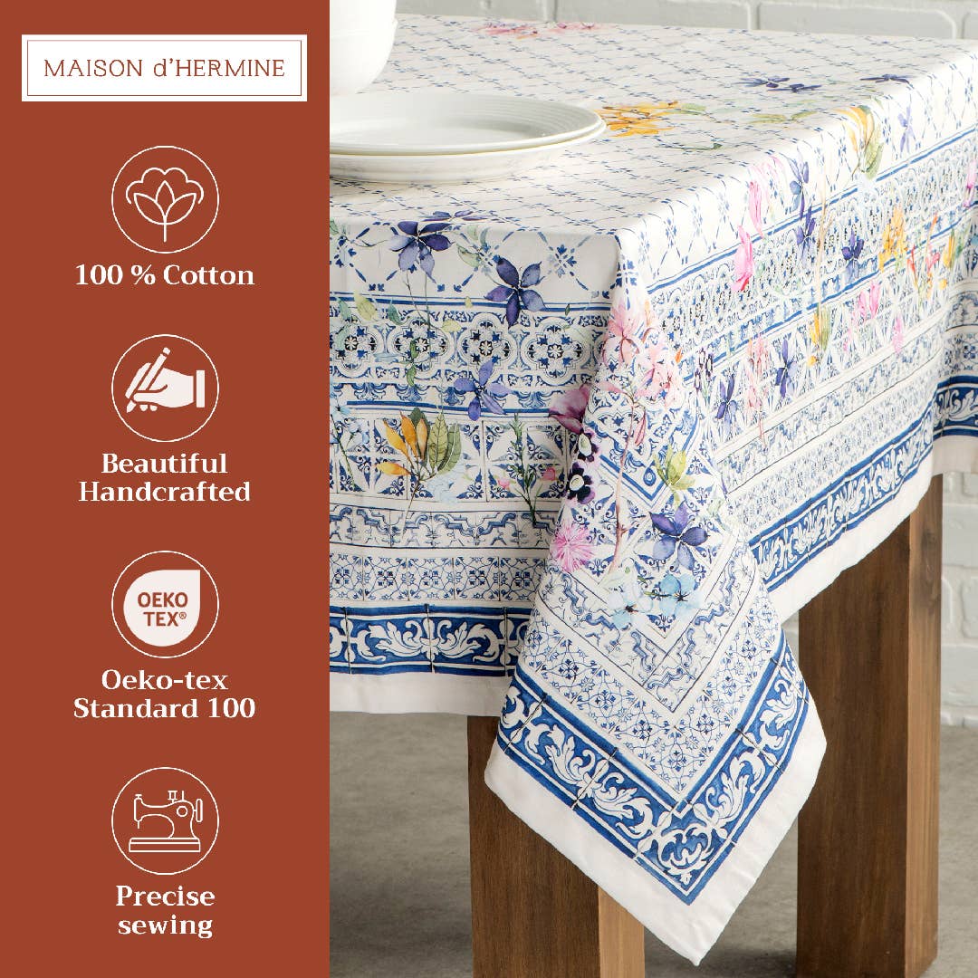 Blue and floral tablecloth. 100% cotton. 54" by 54".