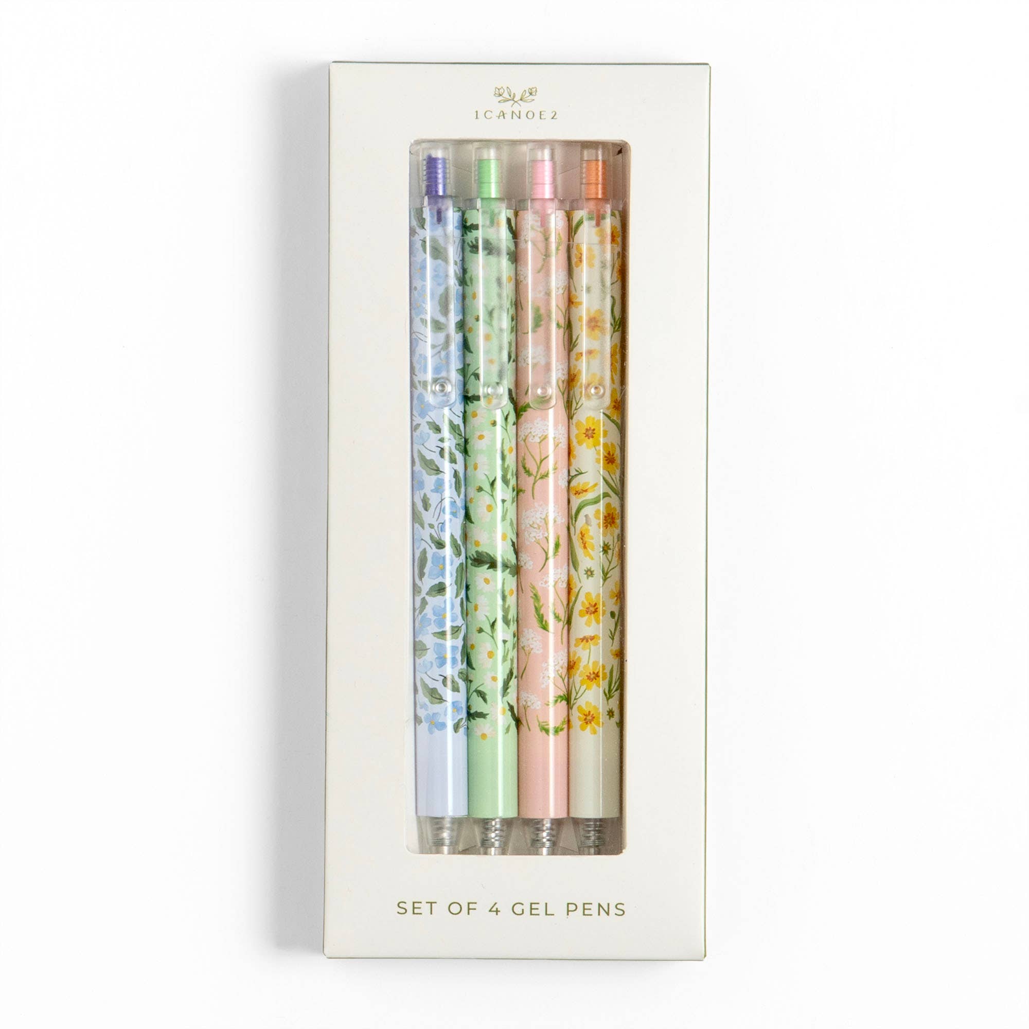 4 pack of floral gel pens. Purple, green, pink and orange gel ink.