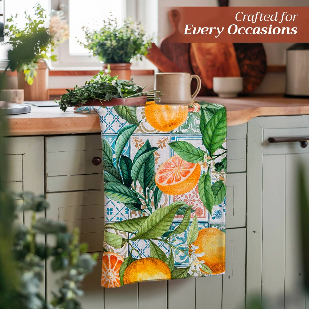 20' by 27.50 Kitchen towels with fruit and floral design.