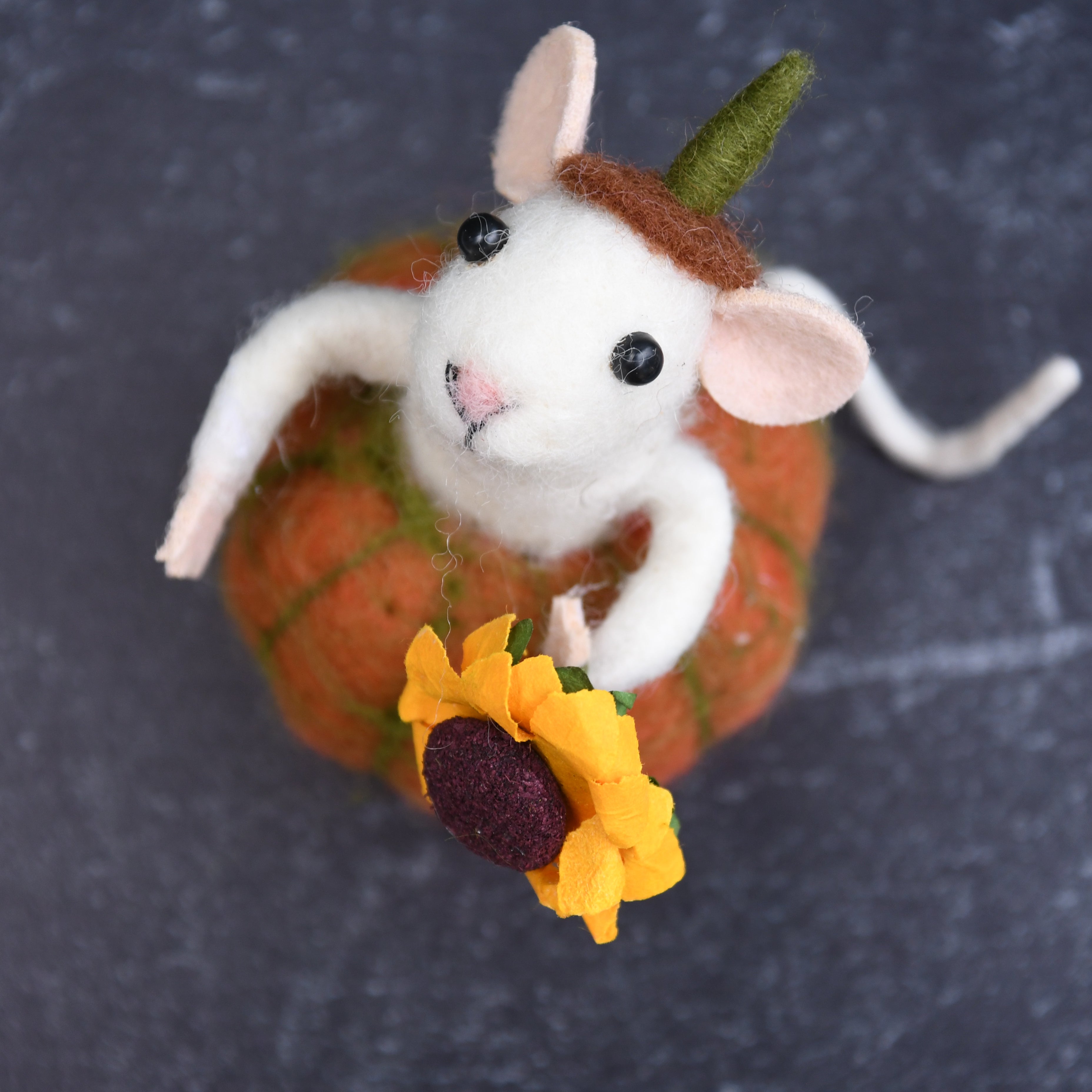 A handcrafted felted wool art piece of a white mouse with pink ears and a green hat, sitting on top of an orange pumpkin and holding a yellow sunflower, set against a dark slate background.