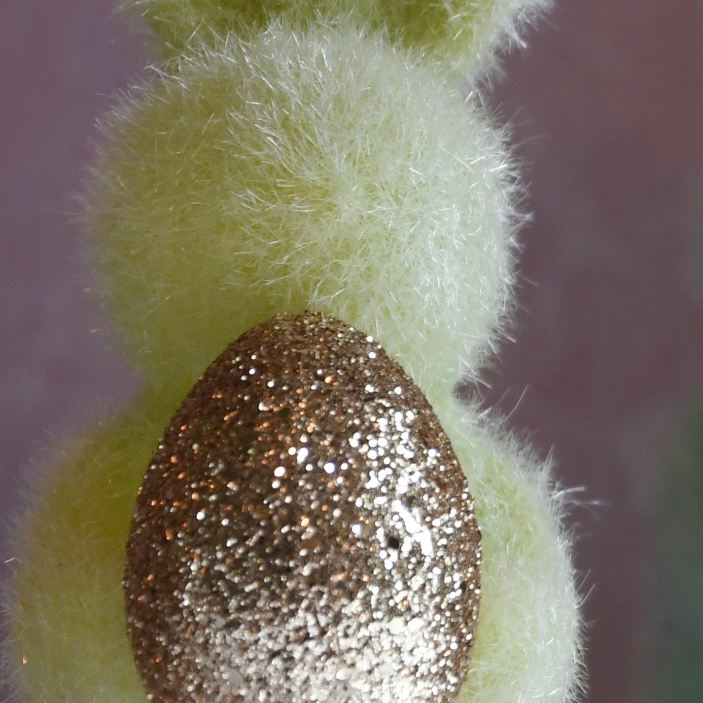 Green felt bunny with a glittery gold egg on a plain background
