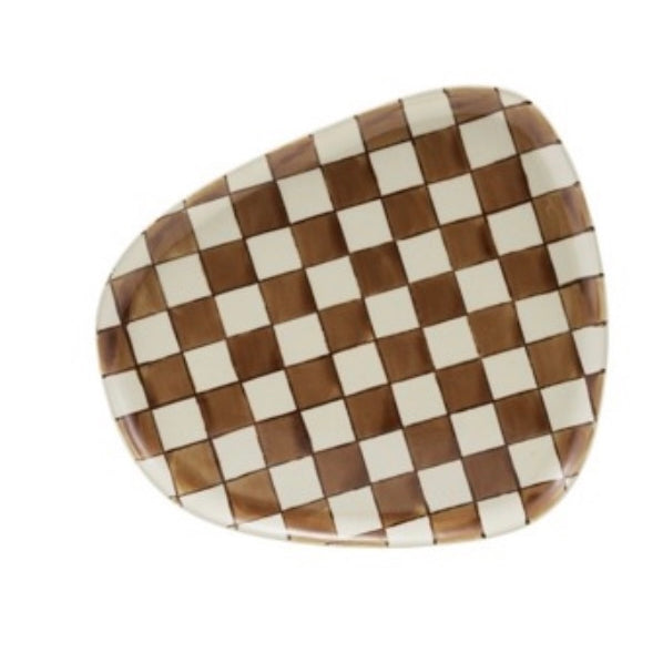 Checkered oval plate with brown and white pattern on a white background