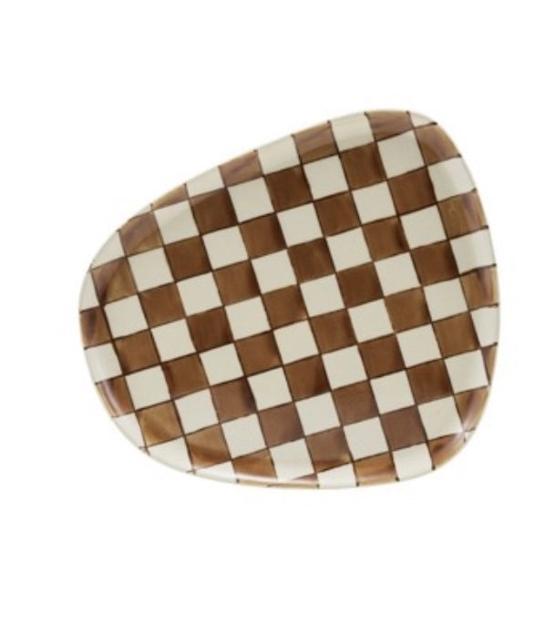 Checkered oval plate with brown and white pattern on a white background