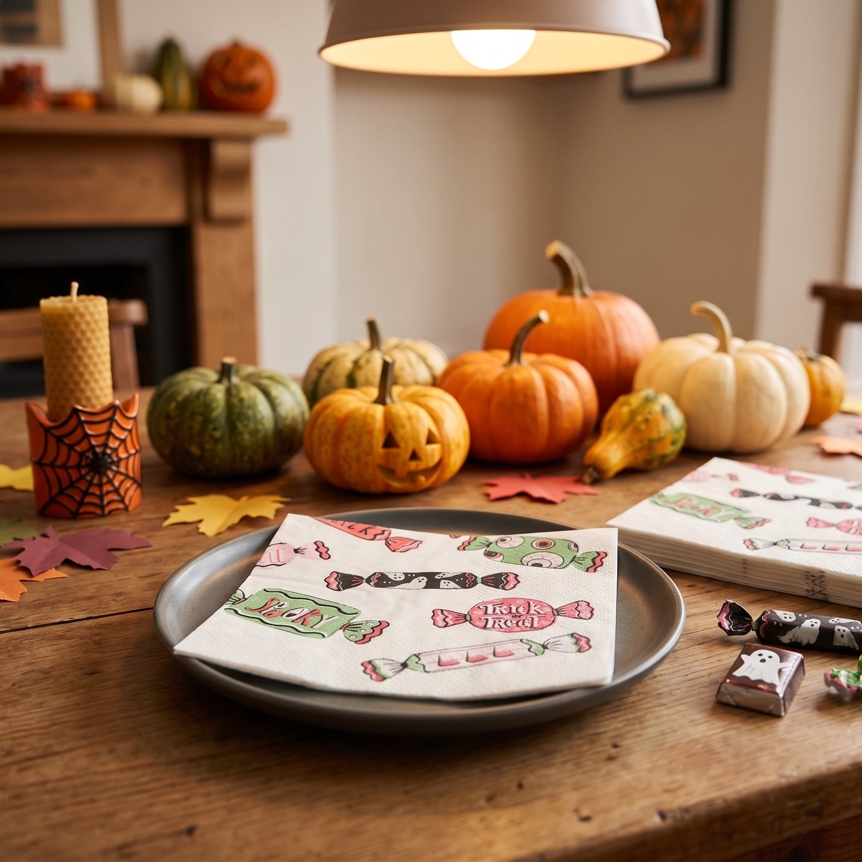 A styled autumn table scene with small pumpkins and fall leaves on a wooden table, featuring printed napkins and candy props in a warm indoor setting.