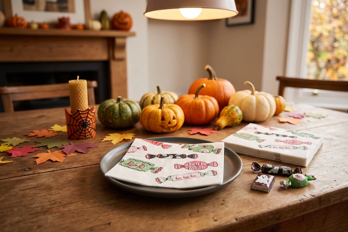 A styled autumn table scene with small pumpkins and fall leaves on a wooden table, featuring printed napkins and candy props in a warm indoor setting.