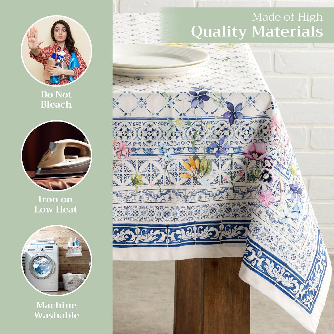 Blue and floral tablecloth. 100% cotton. 54" by 54".