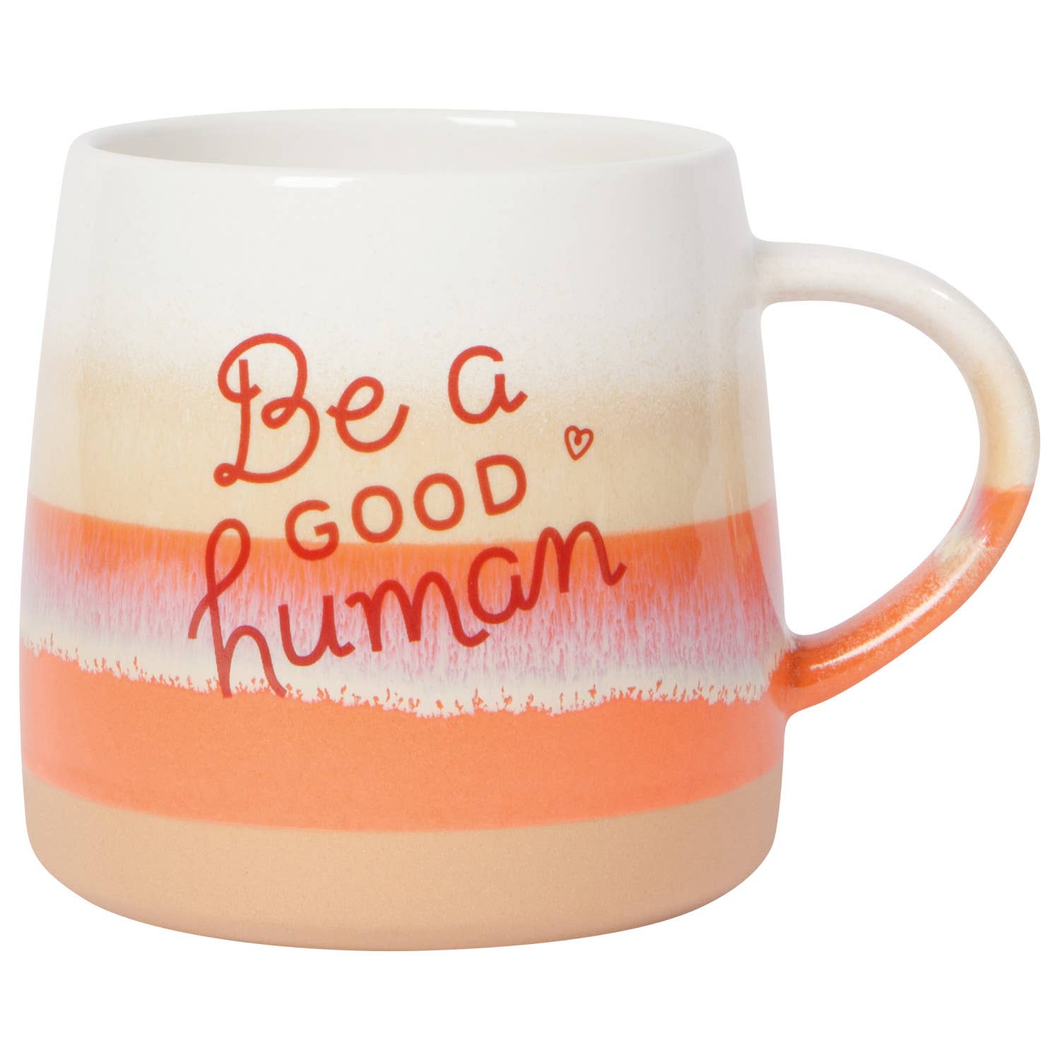 Orange and white ombre mug with "Be a good human" print.