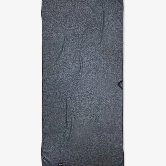 Gray cooling towel with a brand logo on a white background