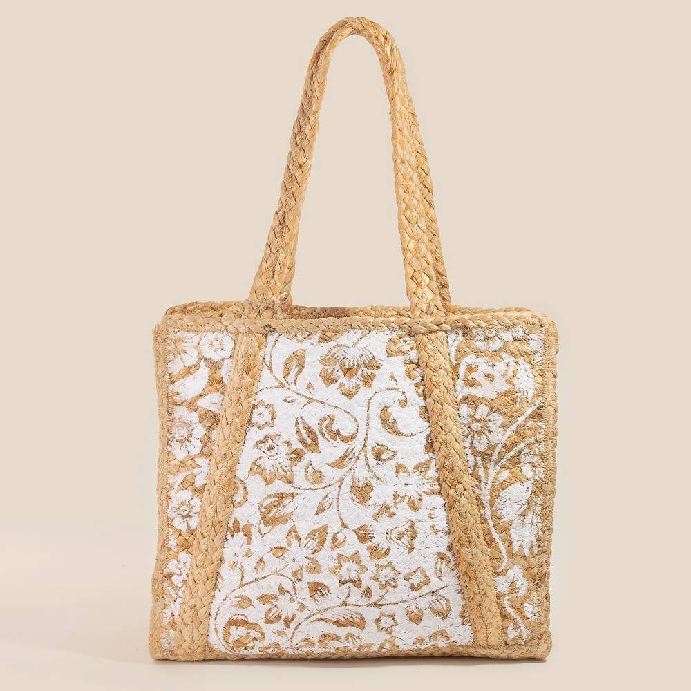 Floral Print Jute Tote Bag