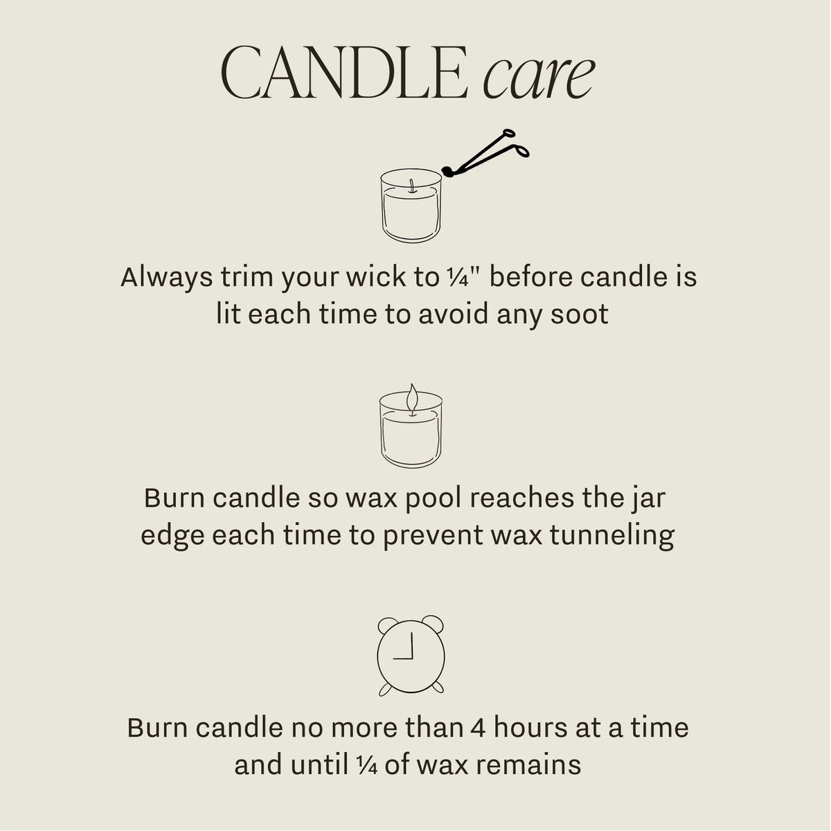 Candle care instructions with illustrations on a beige background