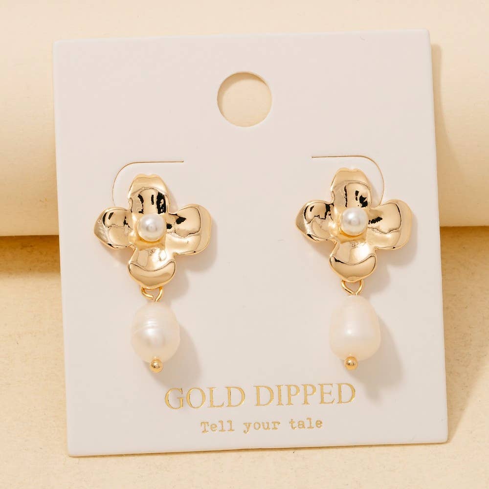 Gold Dipped Flower And Pearl Charm Earrings