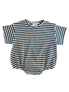 Toddler and baby blue and white bubble romper onesie.