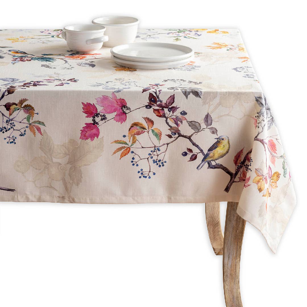 100% cotton bird and branch design tablecloth.