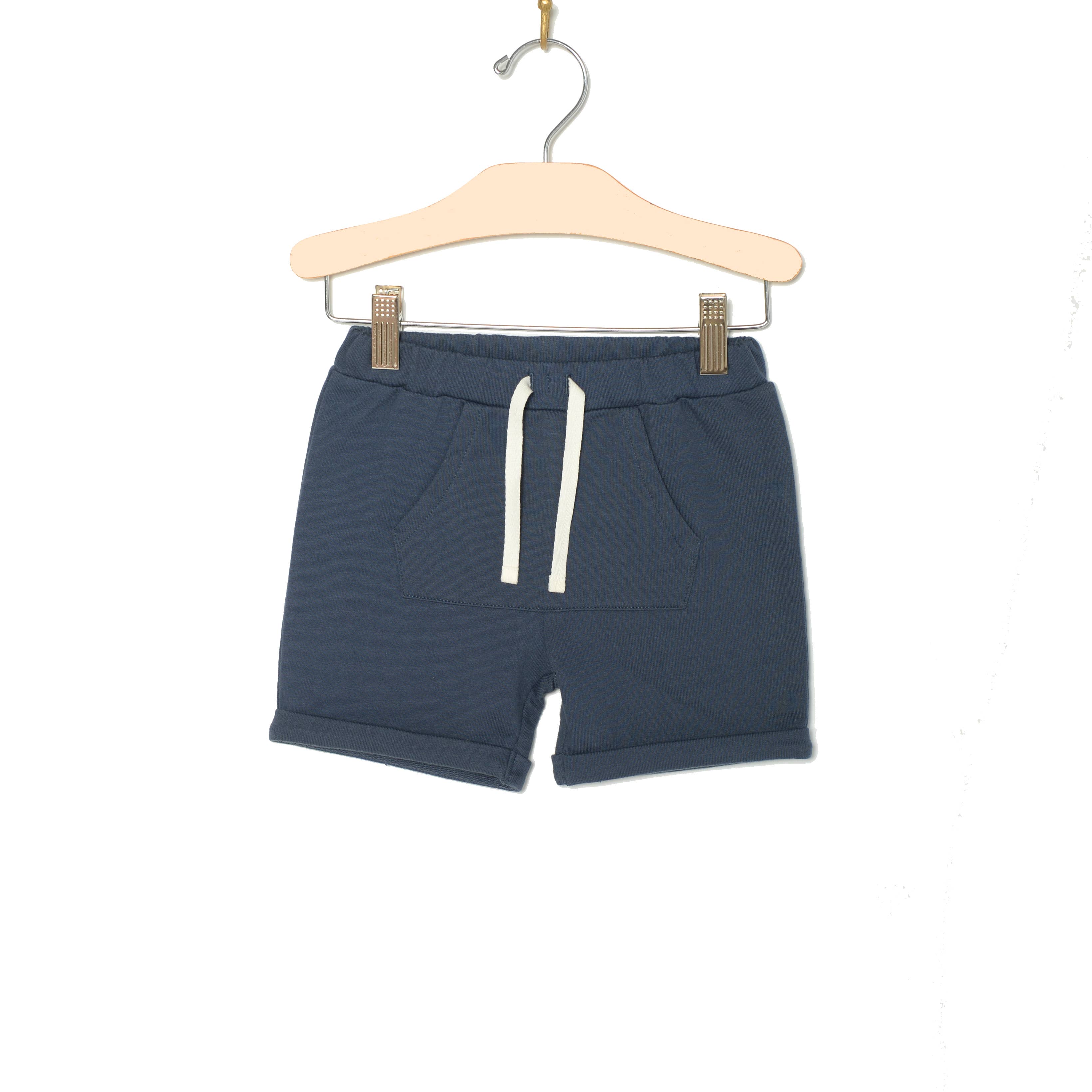 Indigo blue shorts with kangaroo pockets. White tie. Children's boy short.