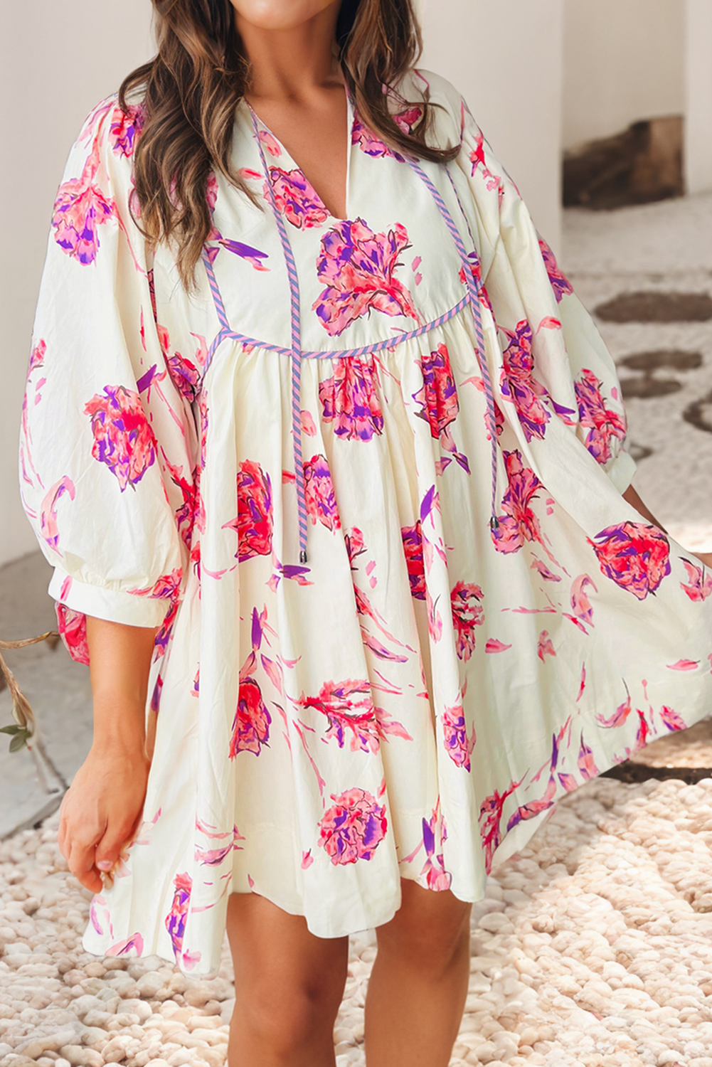 Babydoll mini dress with vibrant pink floral design and balloon sleeves. Short Flowy Dress