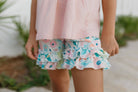 childs short set pink top floral shorts with double ruffles on sleeves and hemline of shorts