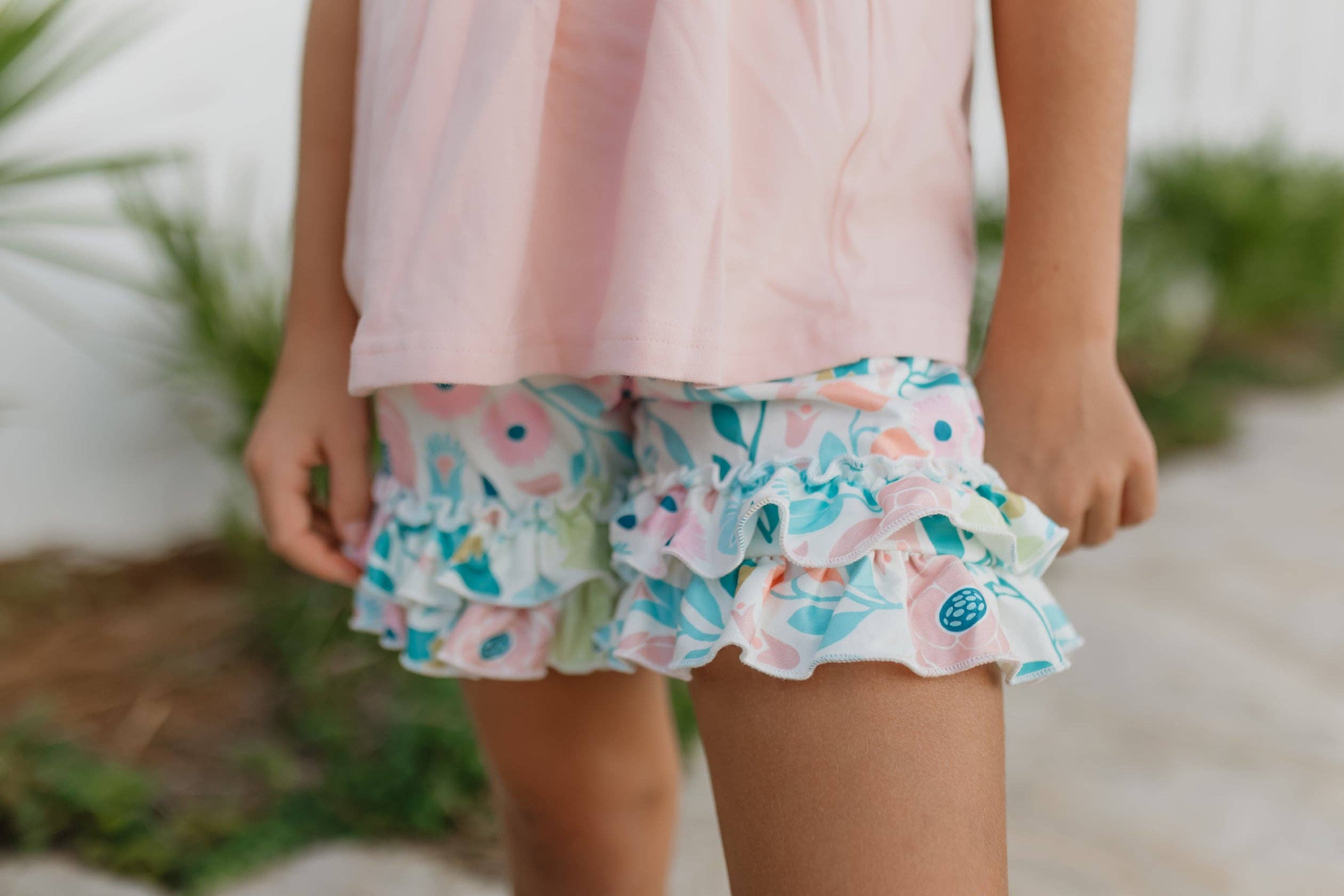 childs short set pink top floral shorts with double ruffles on sleeves and hemline of shorts