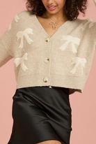 Cardigan Sweater with white bows. Cropped Cardigan. Button up the front Cardigan.