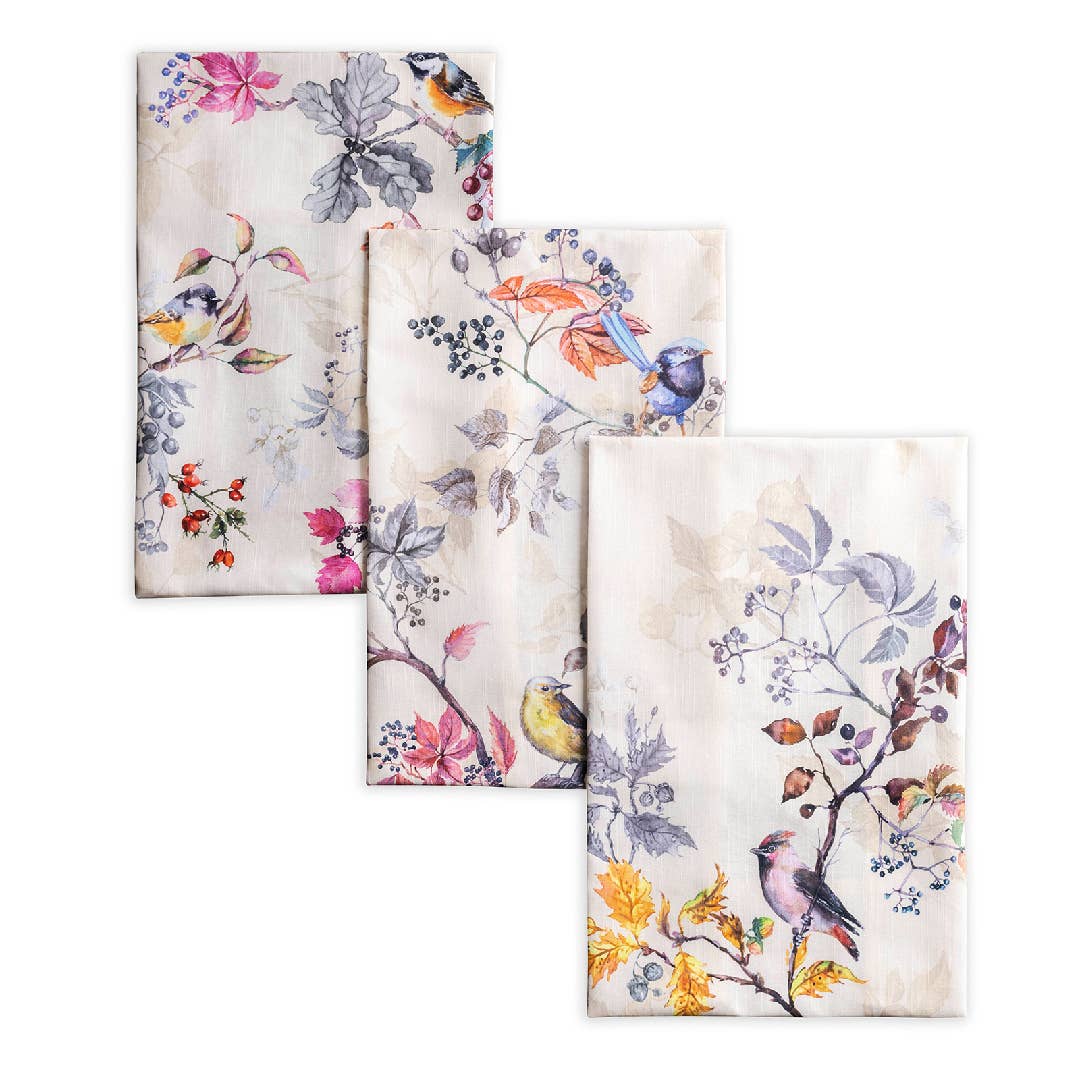 Flower and Bird design set of 3 hand towels. Dishtowels. 