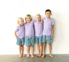 Boys Sawyer and Finn shorts in dusty teal. Front pockets and drawstring.