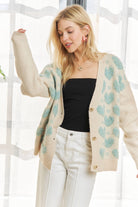 Ivory Cardigan Sweater with blue hearts. Button front Cardigan.