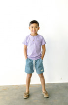 Boys Sawyer and Finn shorts in dusty teal. Front pockets and drawstring.