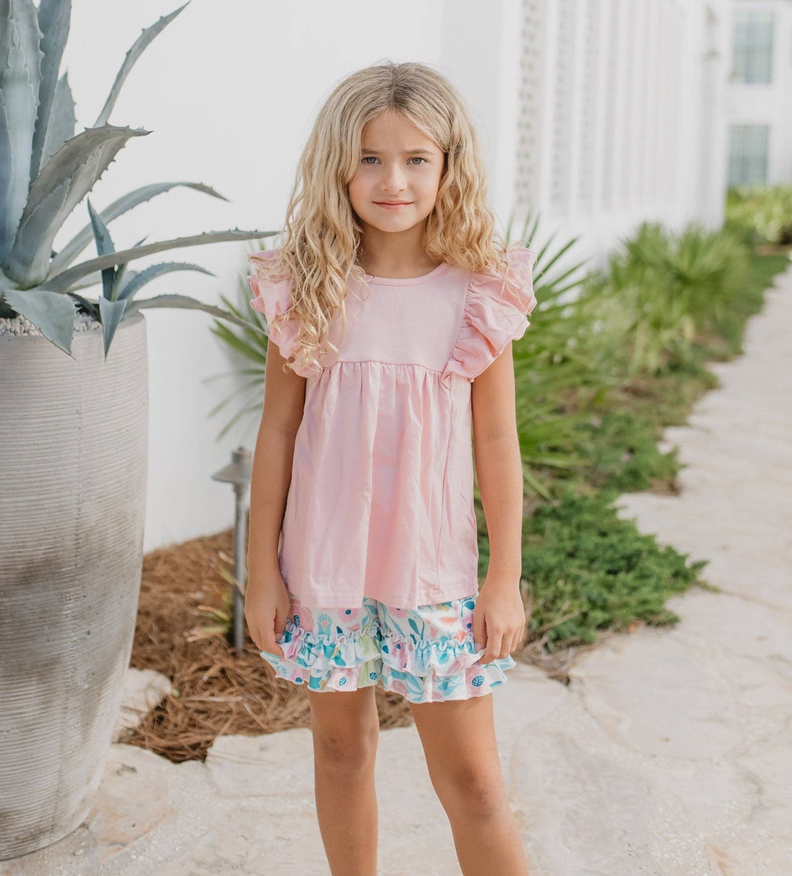 childs short set pink top floral shorts with double ruffles on sleeves and hemline of shorts