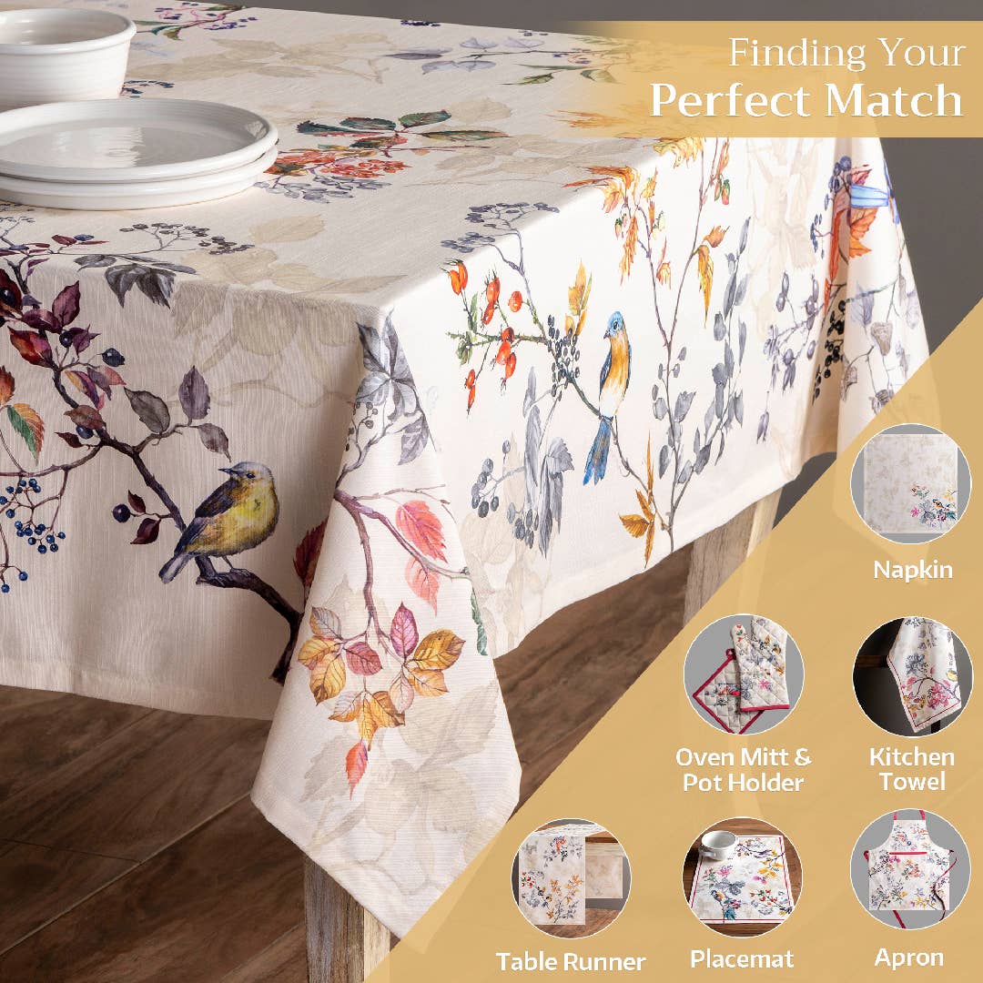 100% cotton bird and branch design tablecloth.