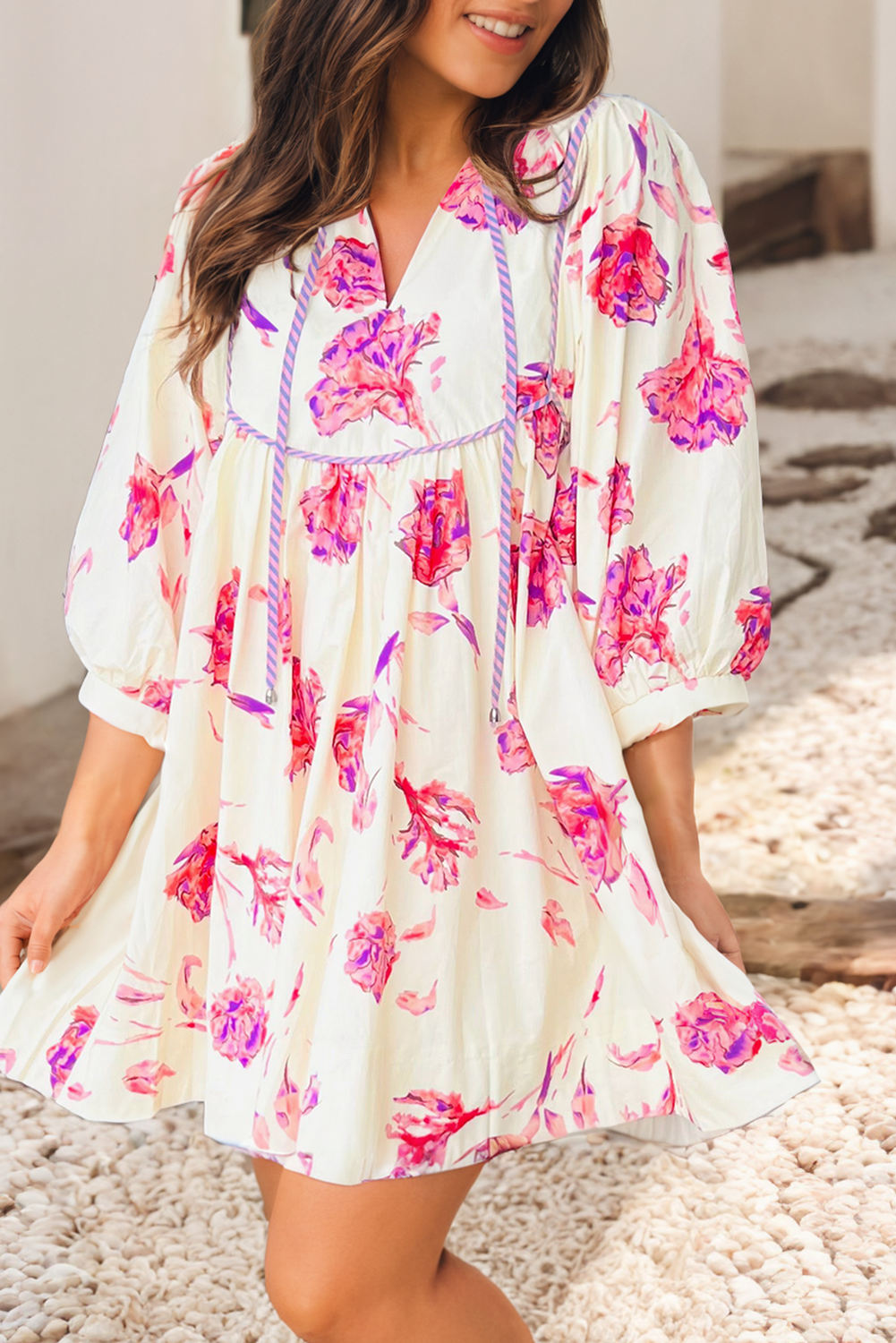 Babydoll mini dress with vibrant pink floral design and balloon sleeves. Short Flowy Dress.