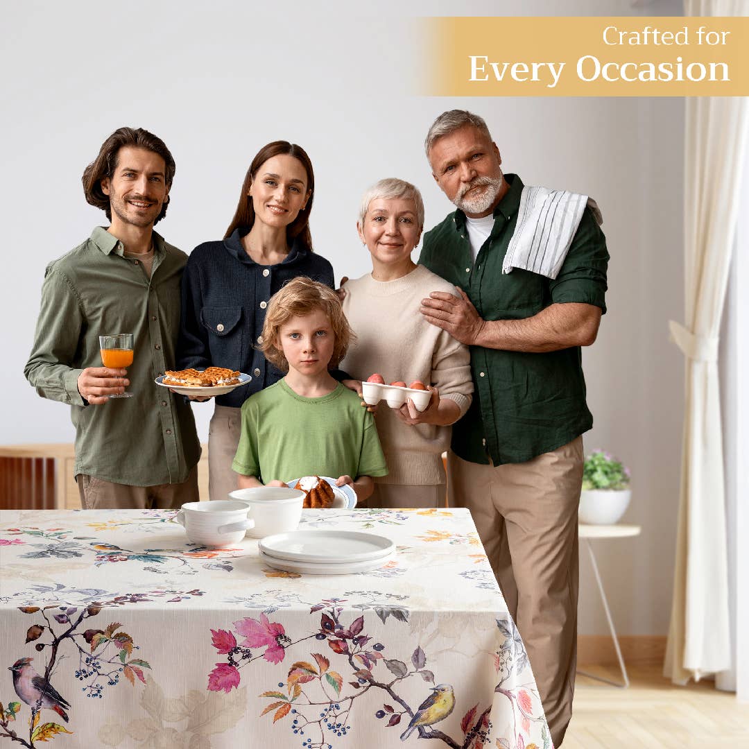 100% cotton bird and branch design tablecloth.