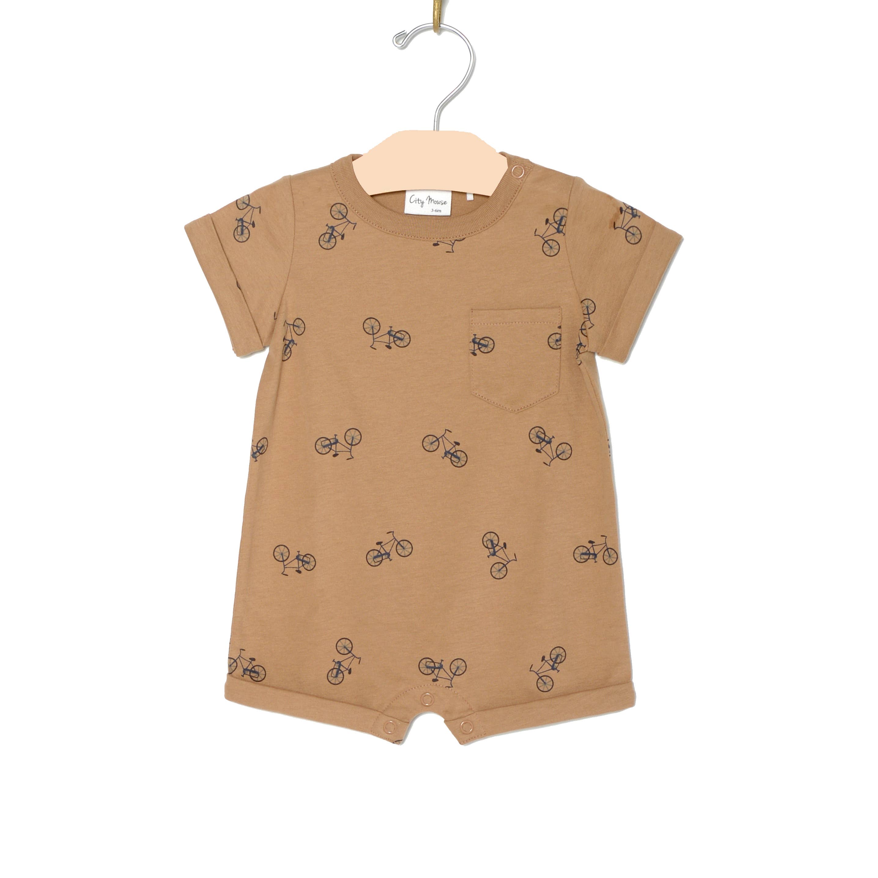 Short sleeve romper with bicycle print and snaps at crotch and neck. Childrens short sleeve onesie. Mustard brown.