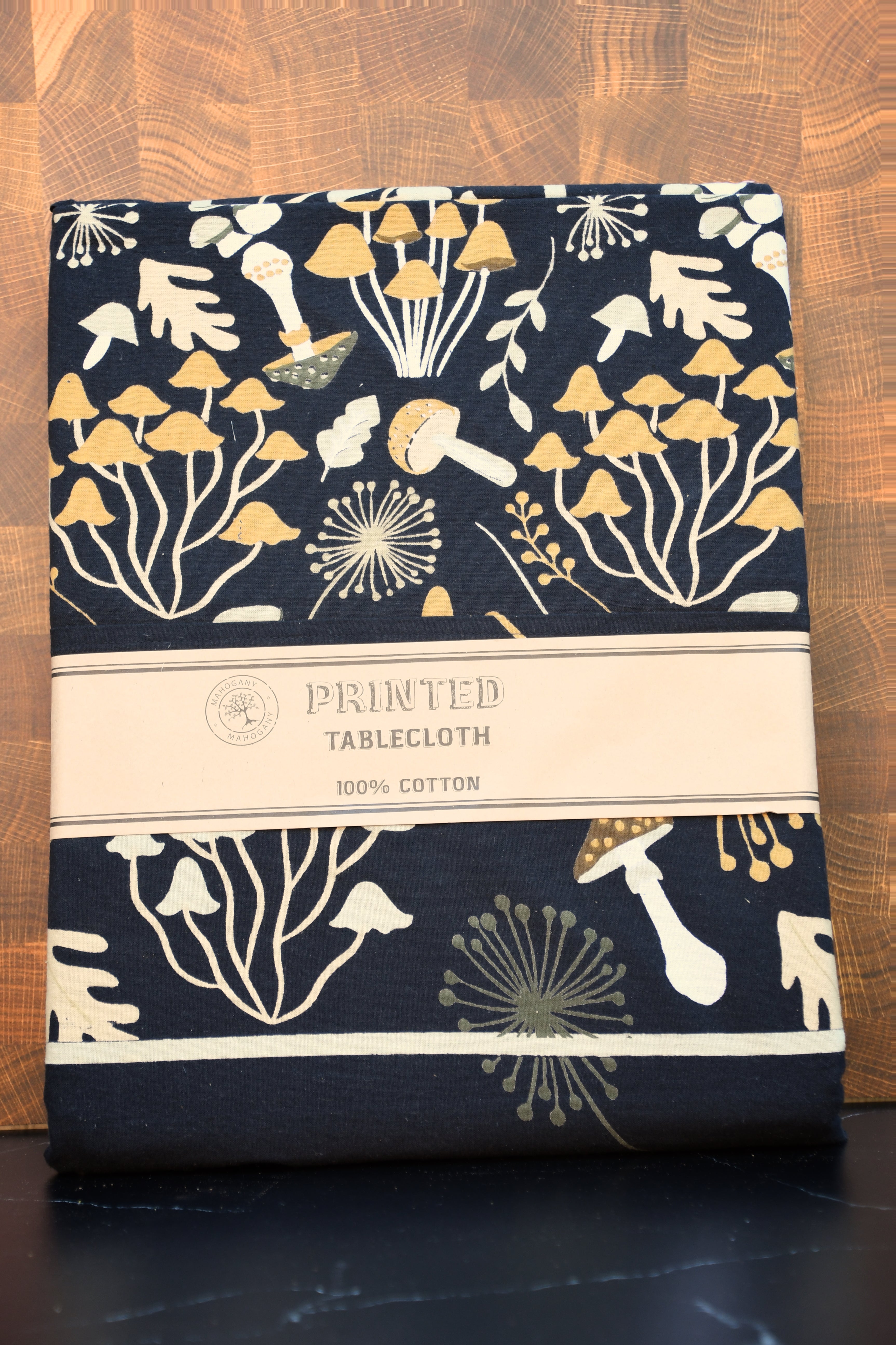 Square Black tablecloth with mushrooms design.