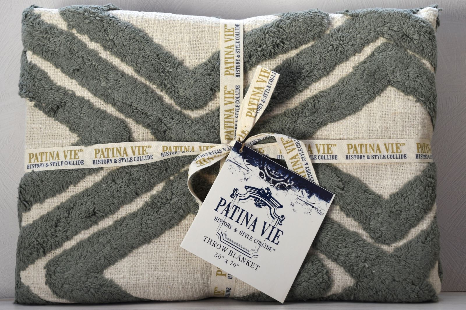 Patina Vie Throw Blanket. Ivory and green tufted diamond throw. 50" x 70"