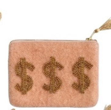 Beige pouch with dollar sign patterns on a white background