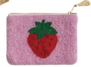 Pink pouch with a strawberry design on a white background