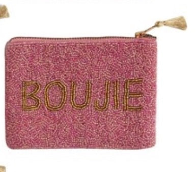 Pink glittery pouch with 'BOUJIE' embroidery on a white background