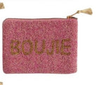 Pink glittery pouch with 'BOUJIE' embroidery on a white background