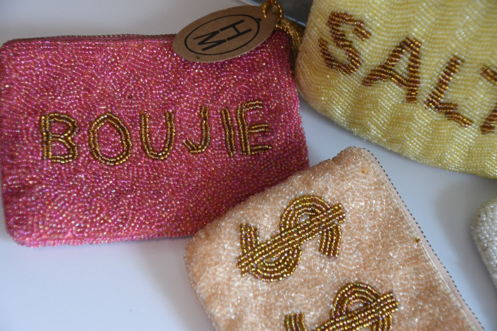 Three beaded pouches with 'BOUJIE' and 'SALD' text on a white background