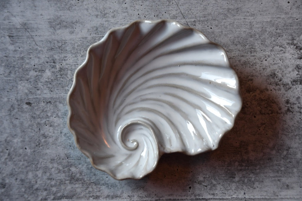 White ceramic shell-shaped bowl on a gray concrete surface