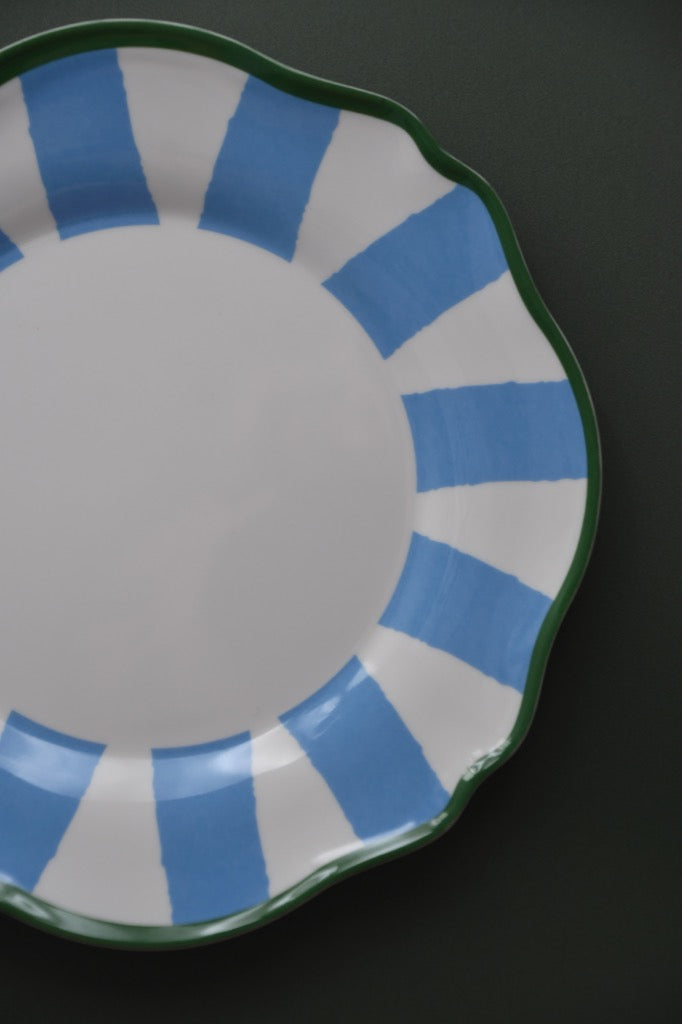 Plastic plate with blue and white striped rim on a black background