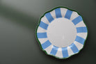 Plastic plate with blue and green design on a dark background