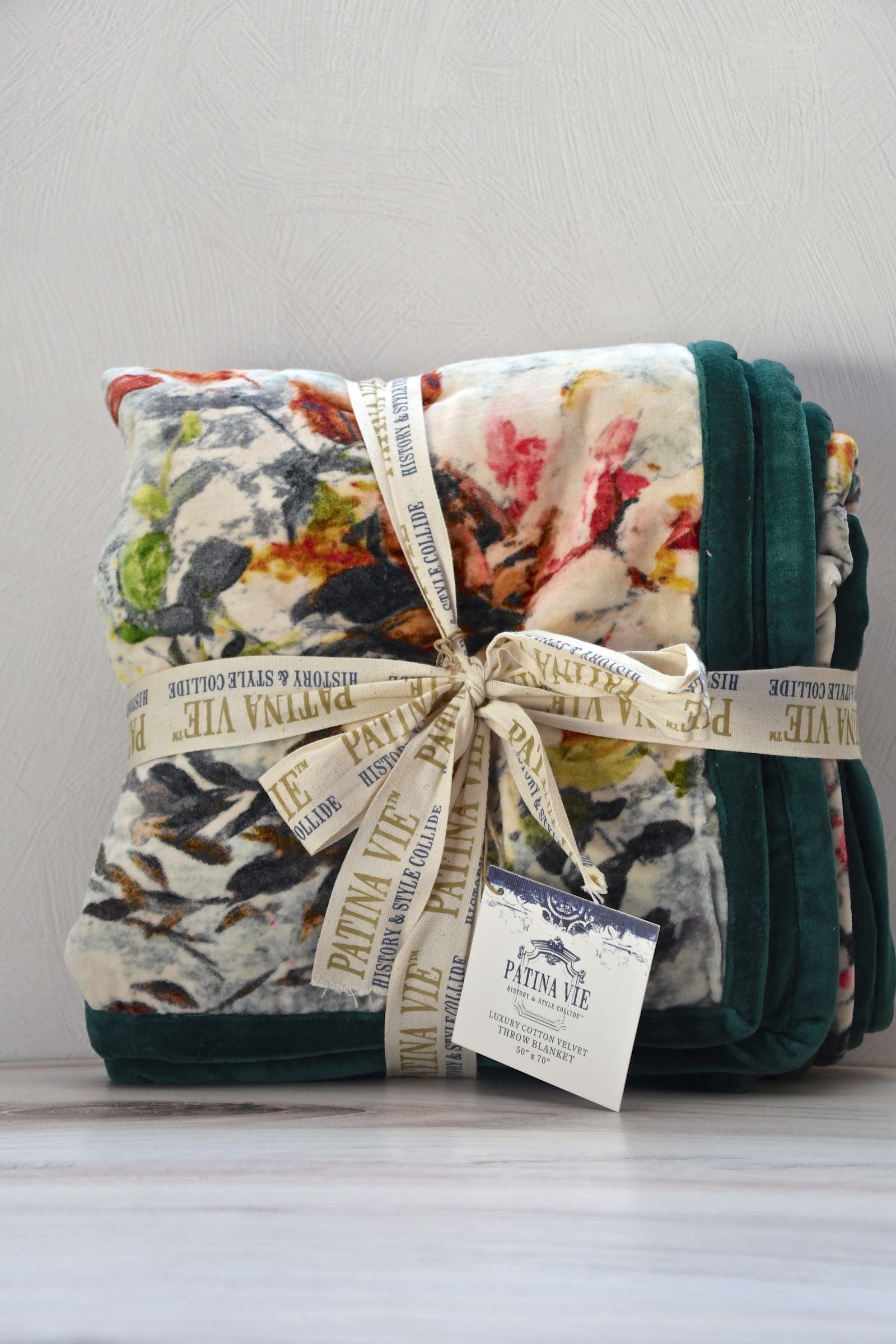 Floral and green velvet throw blanket. Patina Vie.  50" x 70"