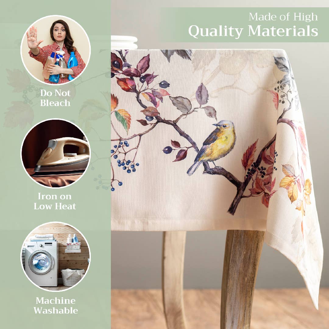 100% cotton bird and branch design tablecloth.
