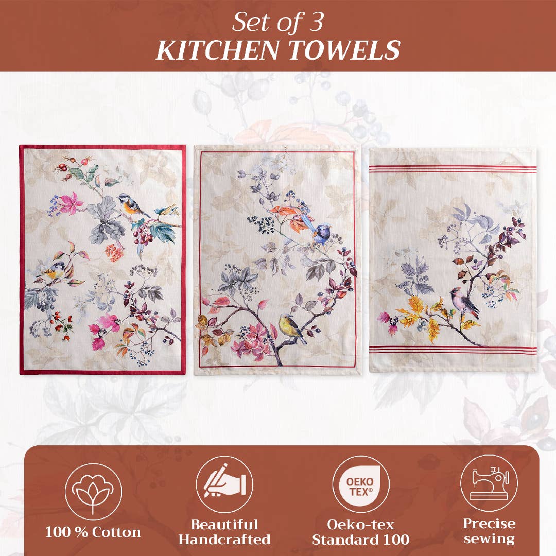 Flower and Bird design set of 3 hand towels. Dishtowels. 