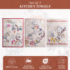 Flower and Bird design set of 3 hand towels. Dishtowels. 