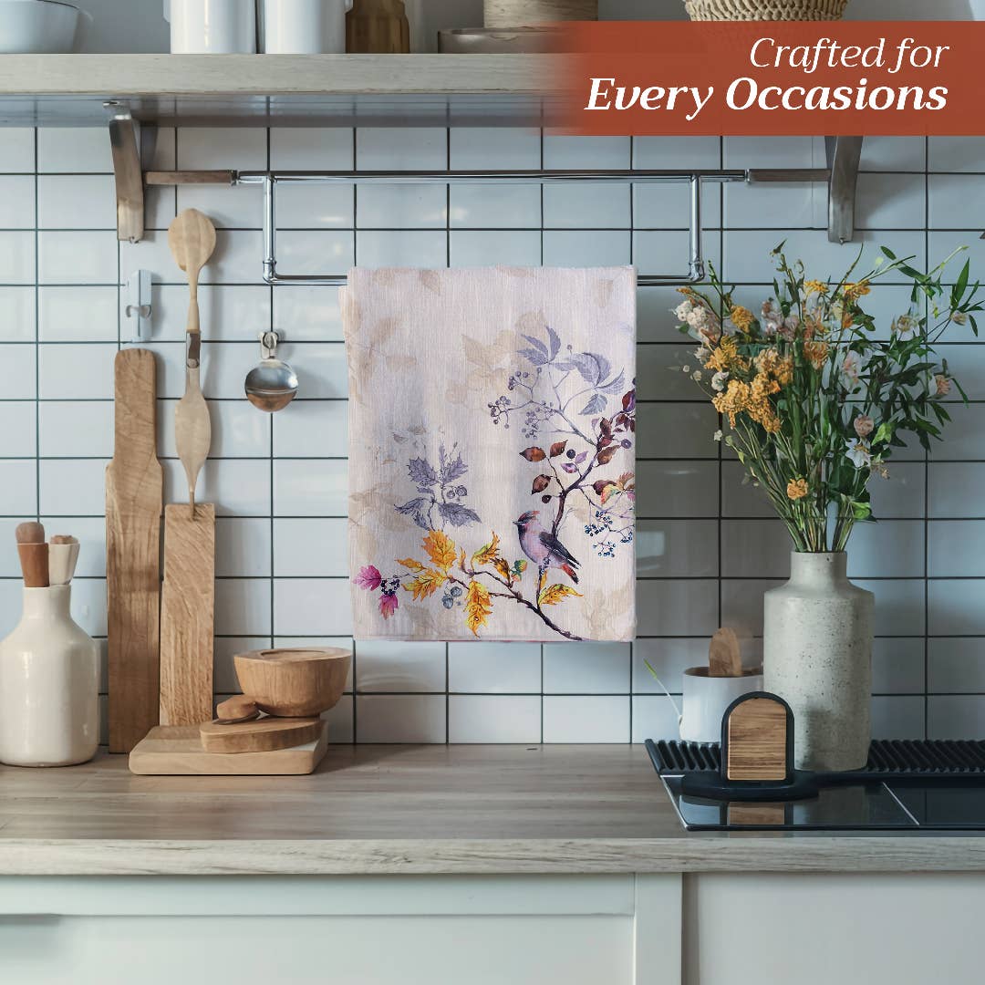 Flower and Bird design set of 3 hand towels. Dishtowels. 