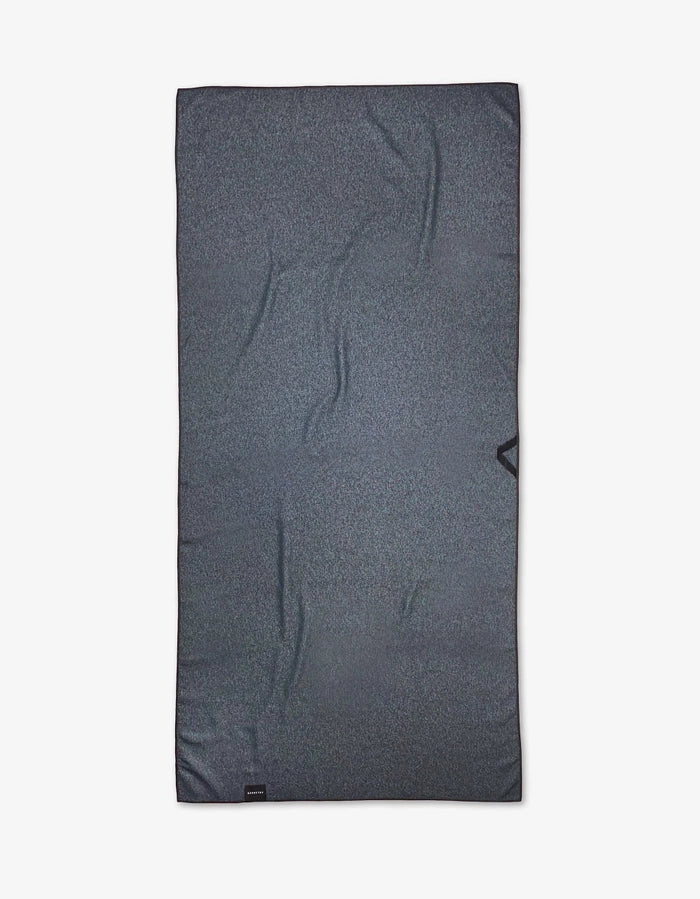 Gray cooling towel with a brand logo on a white background