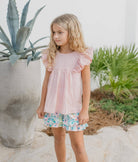 childs short set pink top floral shorts with double ruffles on sleeves and hemline of shorts