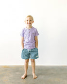 Boys Sawyer and Finn shorts in dusty teal. Front pockets and drawstring.
